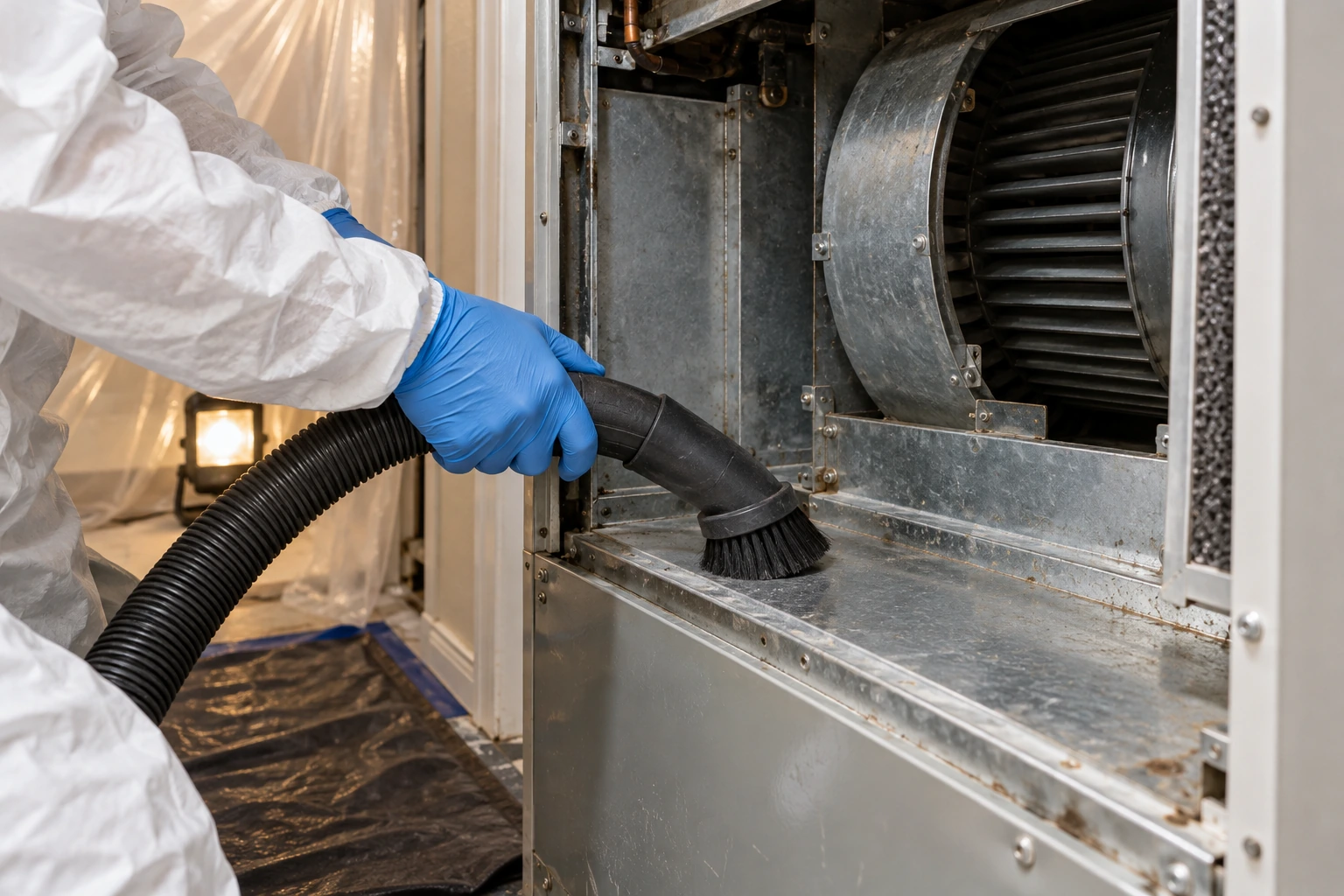 Example of HEPA vacuuming inside an HVAC air-handler cabinet.
