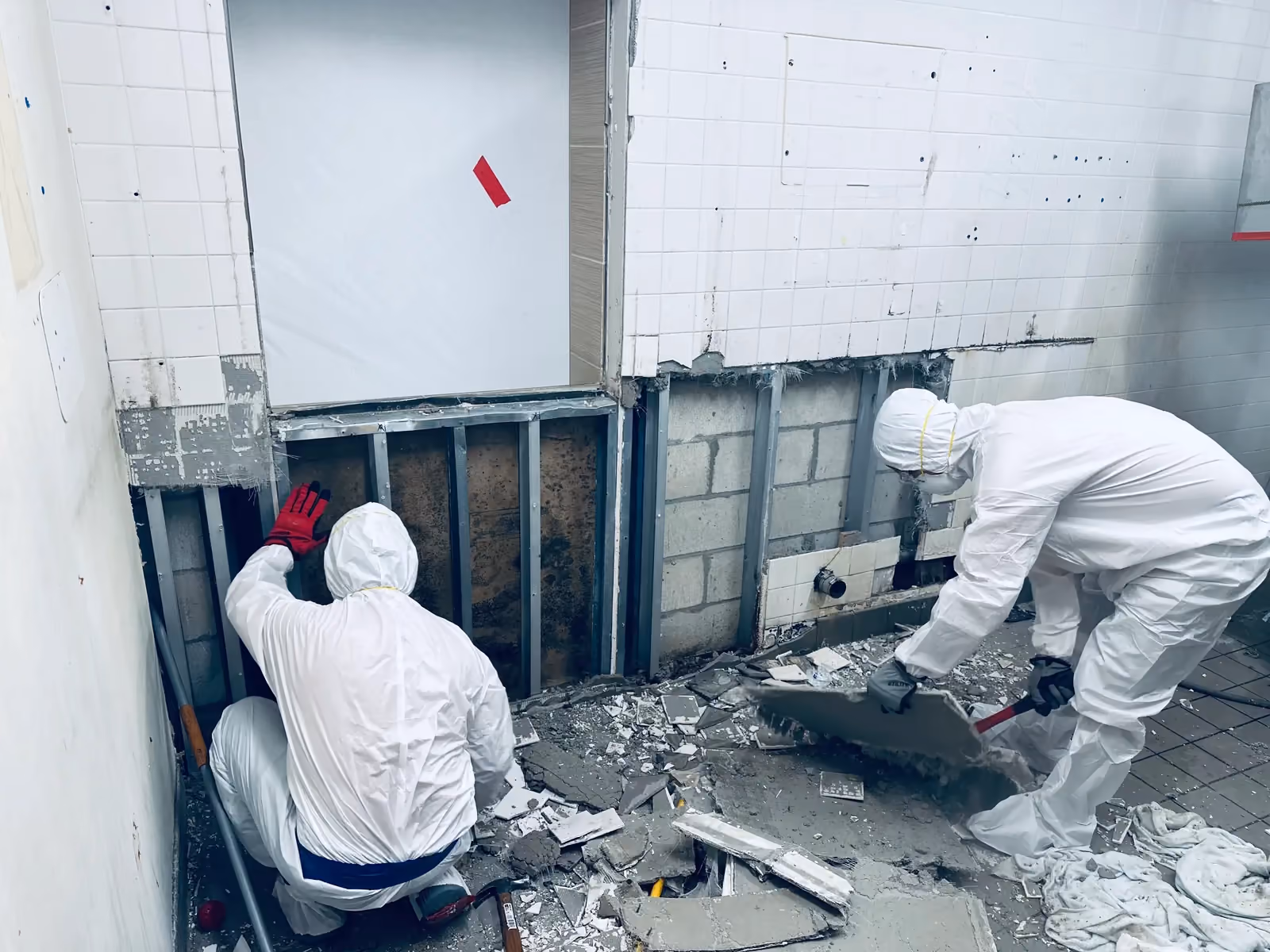 Trabalhadores de branco retiram entulho junto a montantes de metal