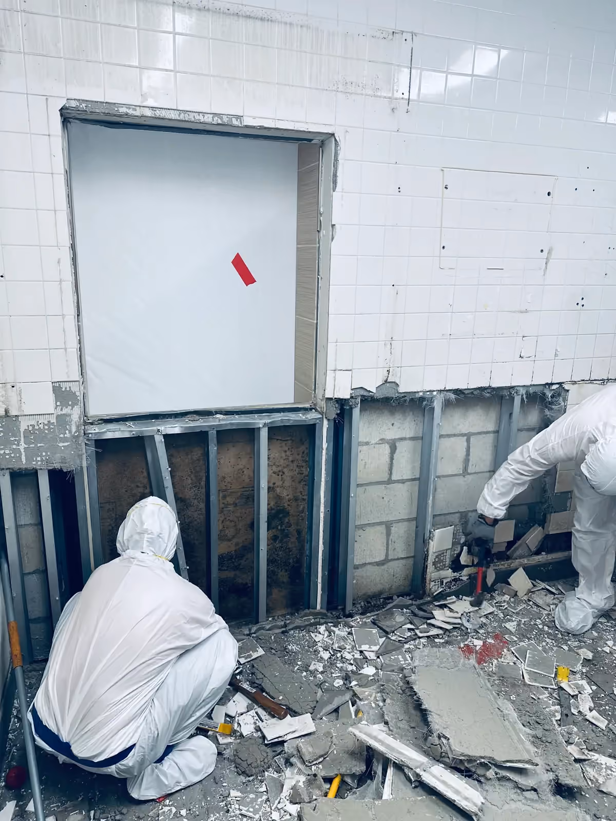 Trabalhadores coletando detritos sob uma parede exposta