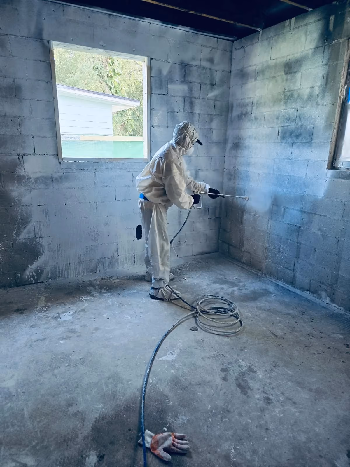 Worker treating exposed masonry inside a room