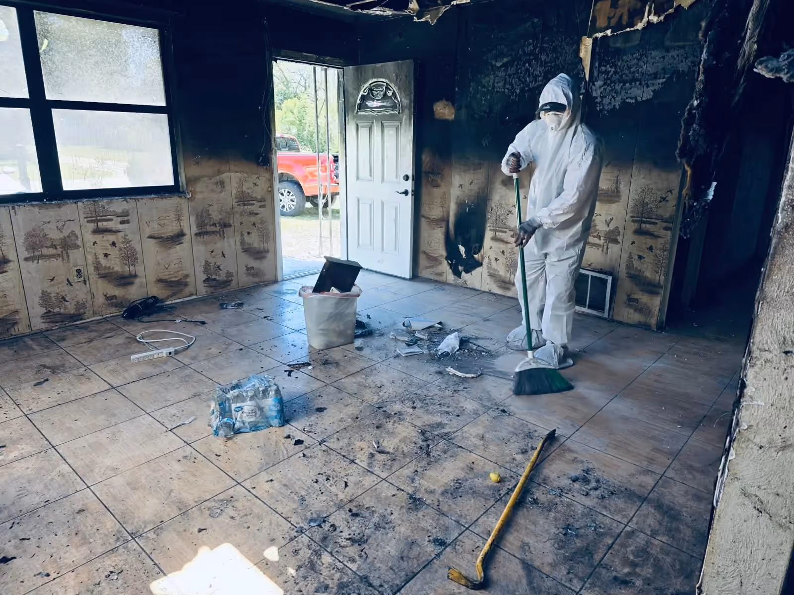 Trabajador protegido con escoba junto a escombros del piso