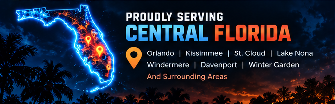 Illuminated Florida service-area map with palms and sunset from the supplied reference