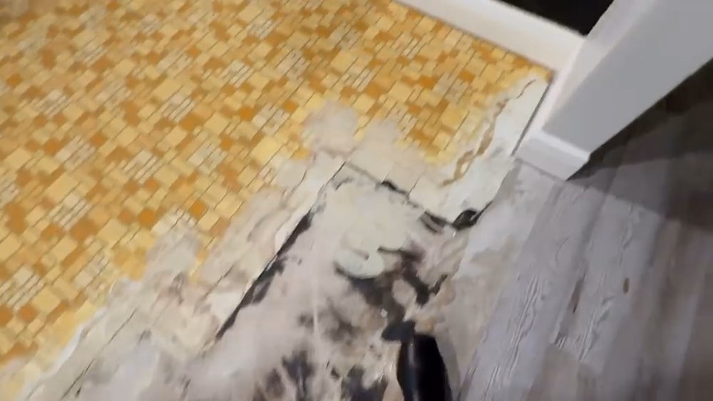 Damaged flooring beside a yellow tile floor