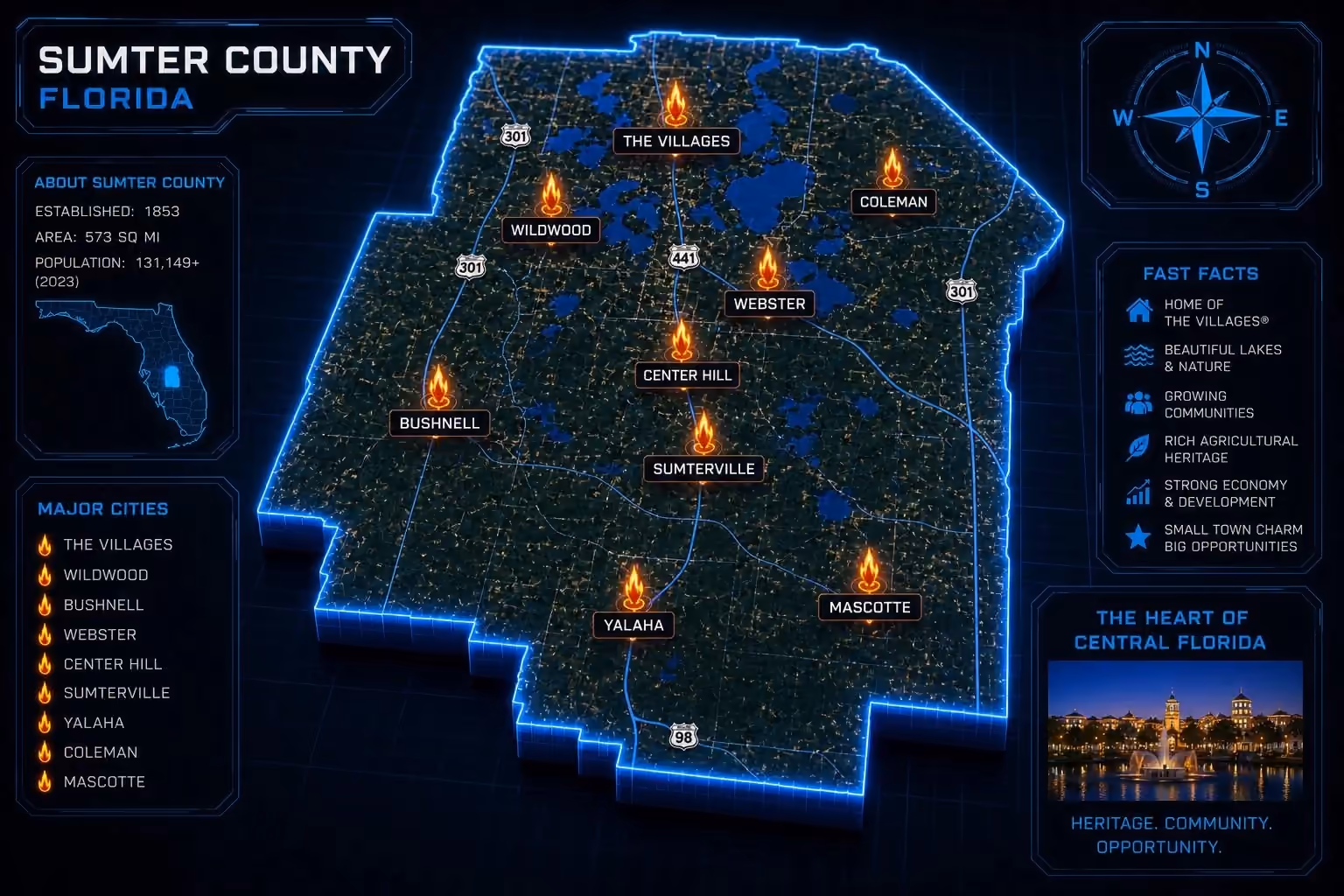 Mapa ilustrado titulado Sumter County Florida con rótulos de vías
