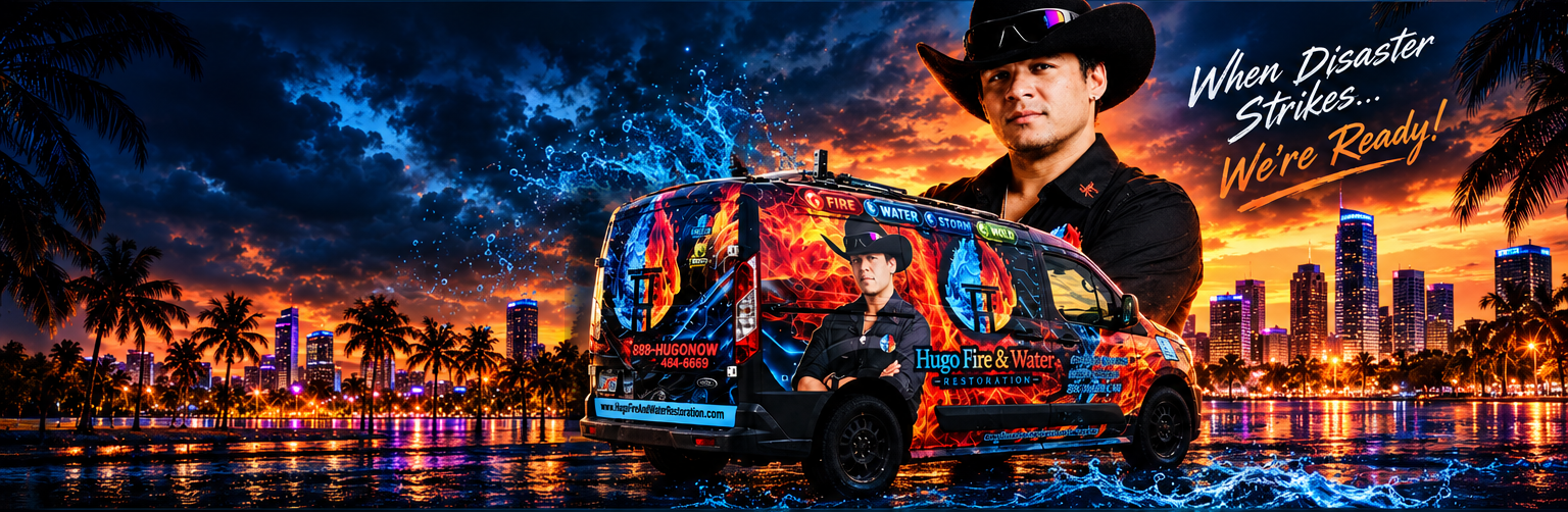 Hugo, the original branded company van and Florida sunset. When Disaster Strikes… We’re Ready!