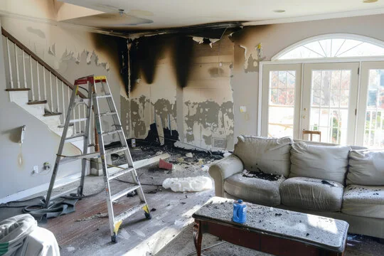 Soot and debris inside a fire-damaged living room