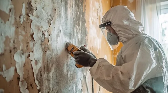 Technician examining a moisture-damaged wall before remediation