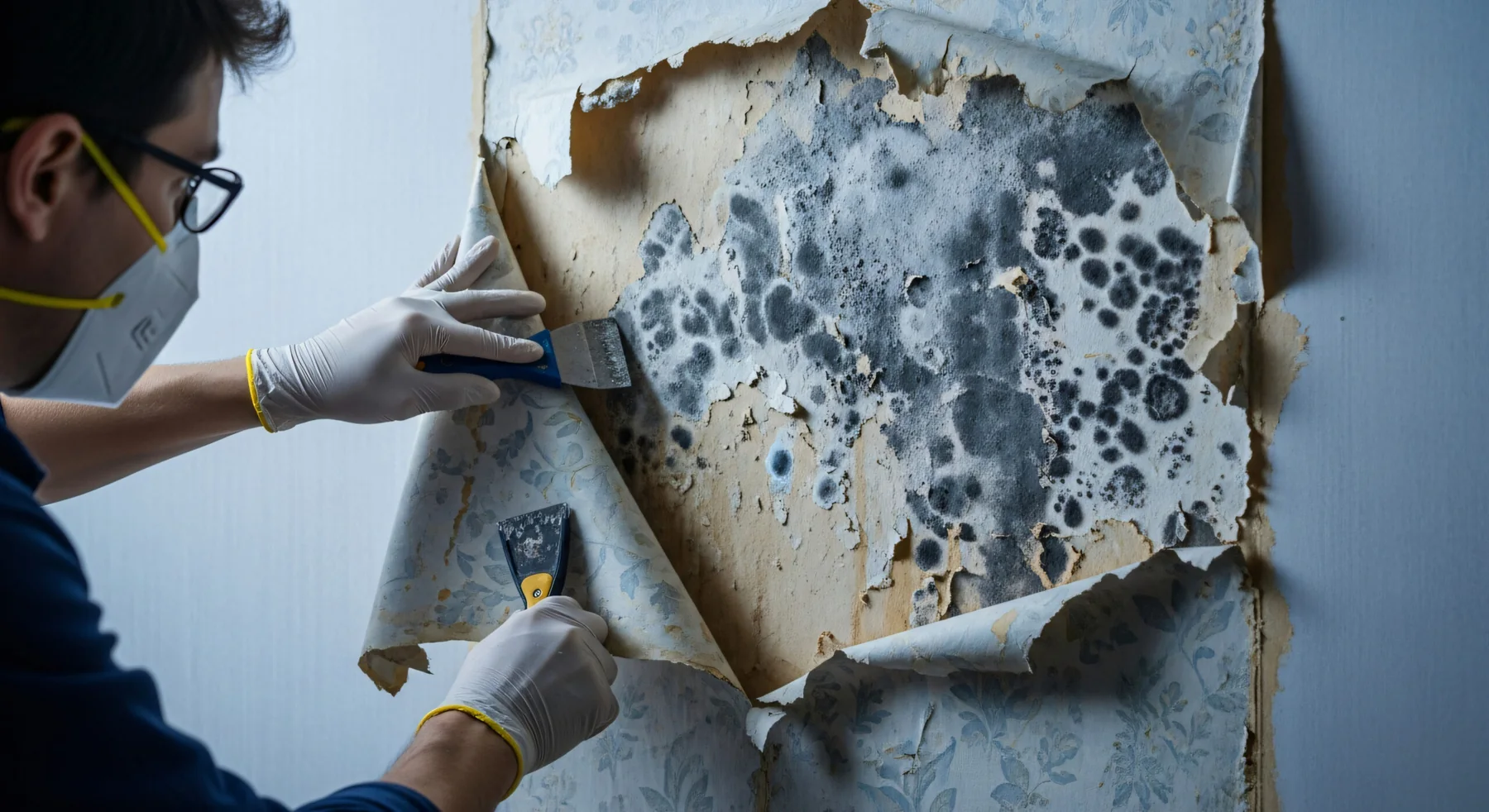 Technicians examining a wall during a mold remediation assessment