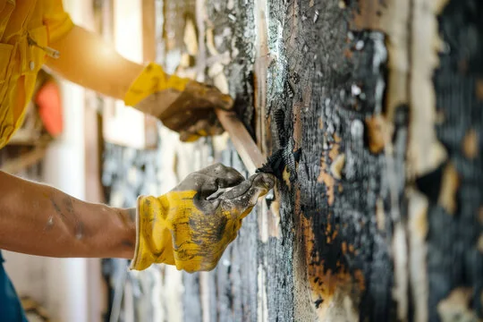Gloved technician cleaning soot from a fire-damaged surface