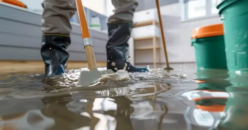 Technician removing standing water from a residential floor
