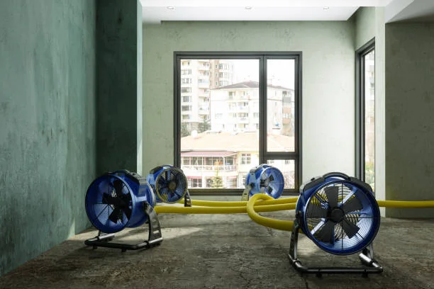 Air movers circulating air inside a damp room