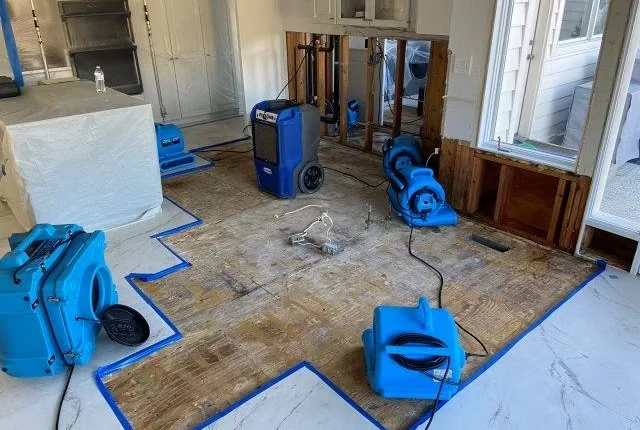 Air movers and dehumidifiers set up in a water-damaged room