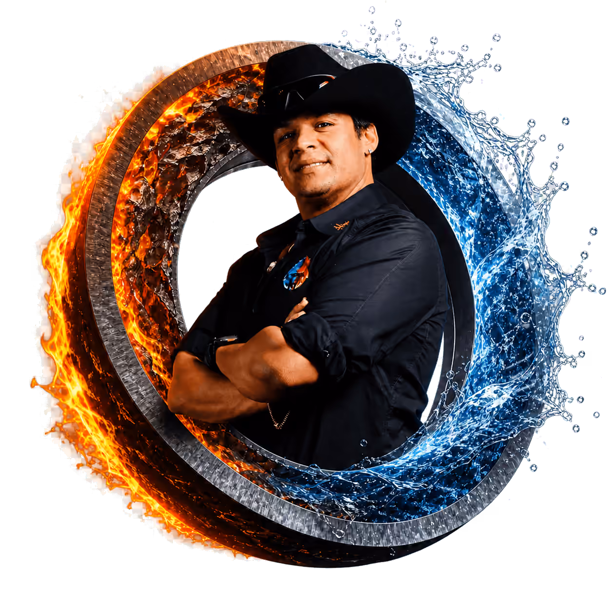 Cowboy portrait surrounded by an illustrated fire-and-water ring