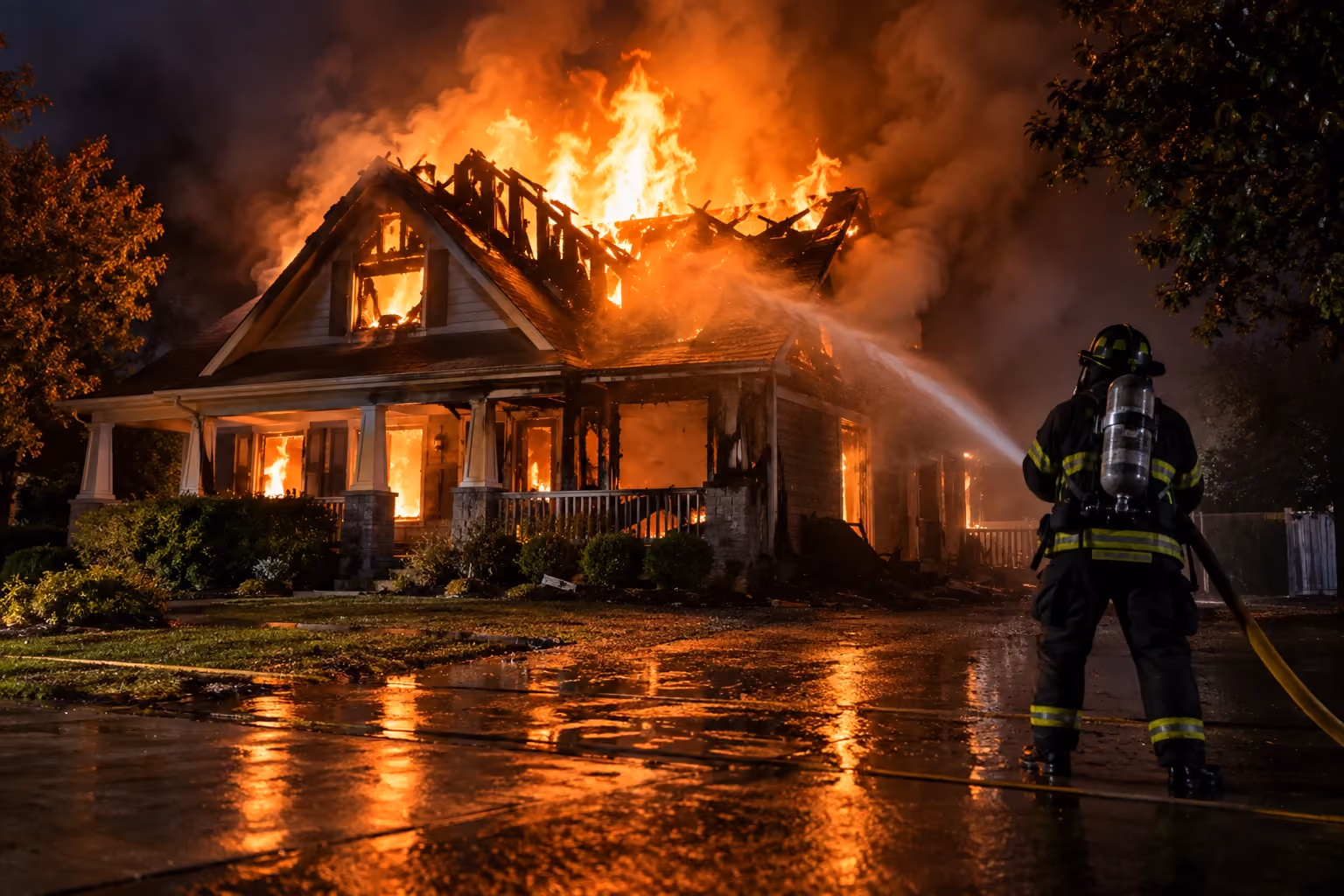 Illustration : pompier arrosant le toit d’une maison en flammes