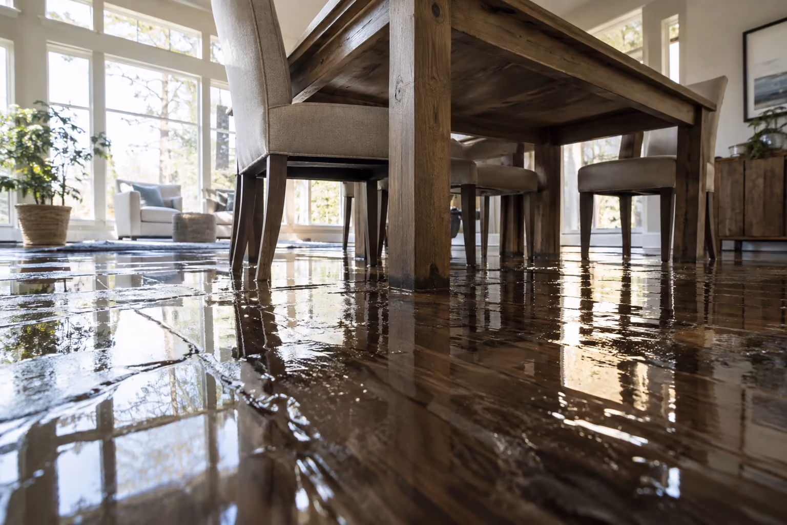 Illustration: a dining table is surrounded by water near windows