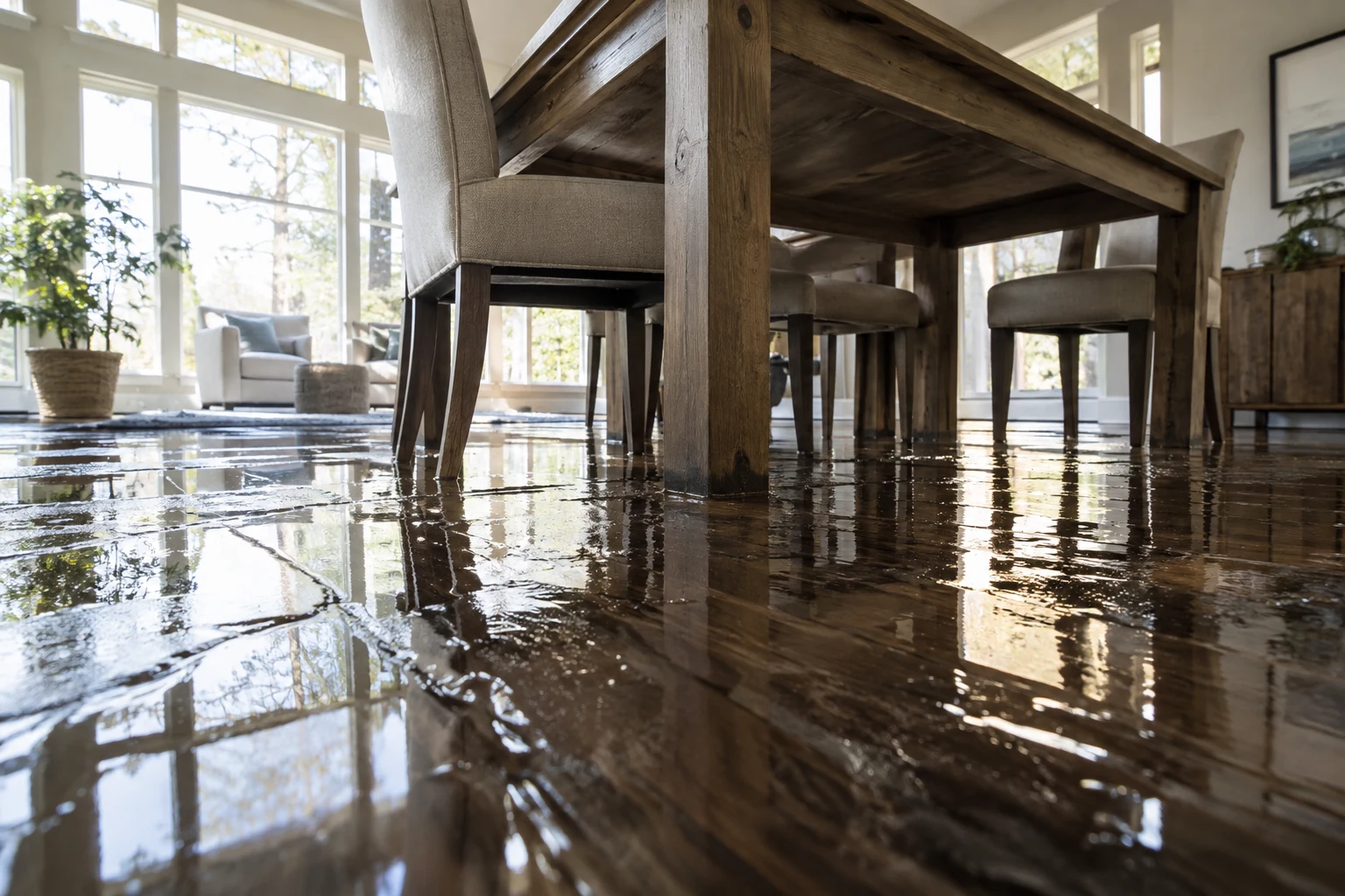 Illustration: standing water beneath dining chairs on a wood floor