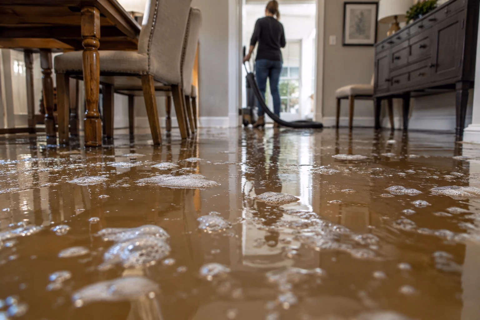 Ilustración: manguera de extracción sobre un suelo inundado
