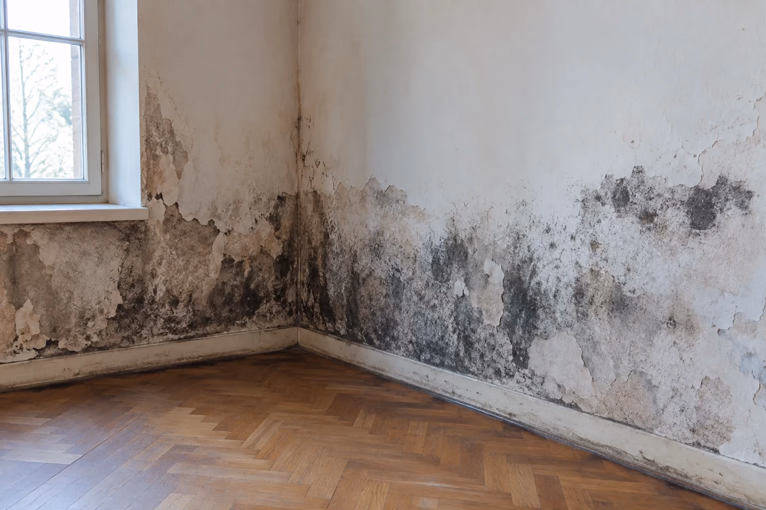 Illustration : taches sombres en bas des murs près d’une fenêtre