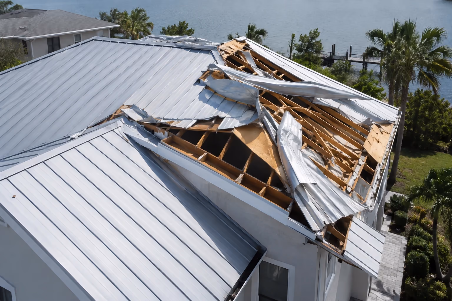 Illustration: damaged metal roofing with exposed wooden framing