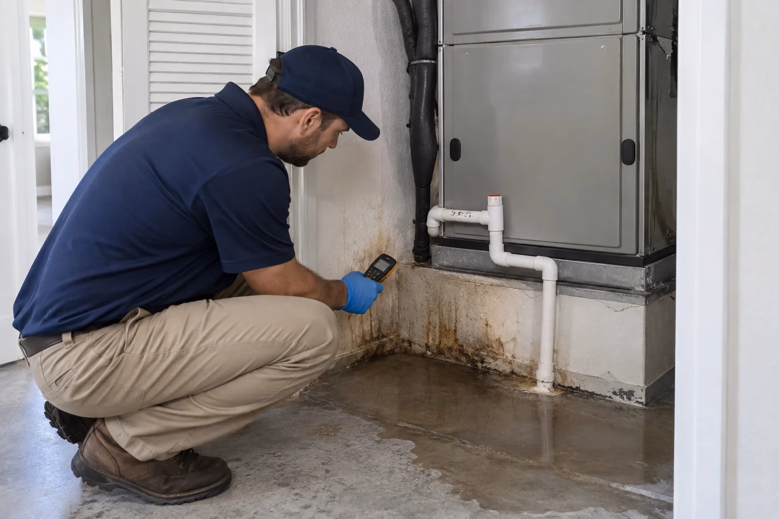 Illustration: technician checking damp flooring beside an AC unit