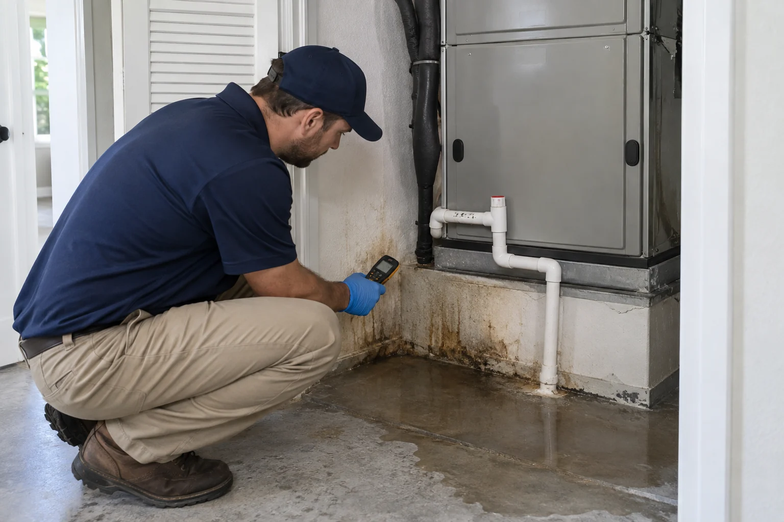 Technician inspecting water damage beside an AC air handler