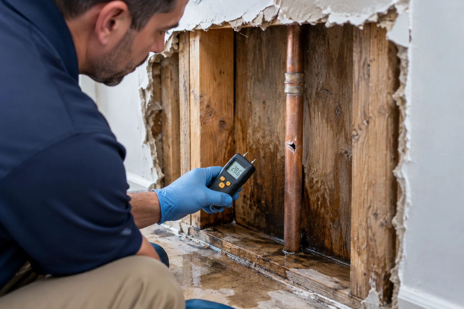 Technician inspecting a damaged pipe and damp wall cavity