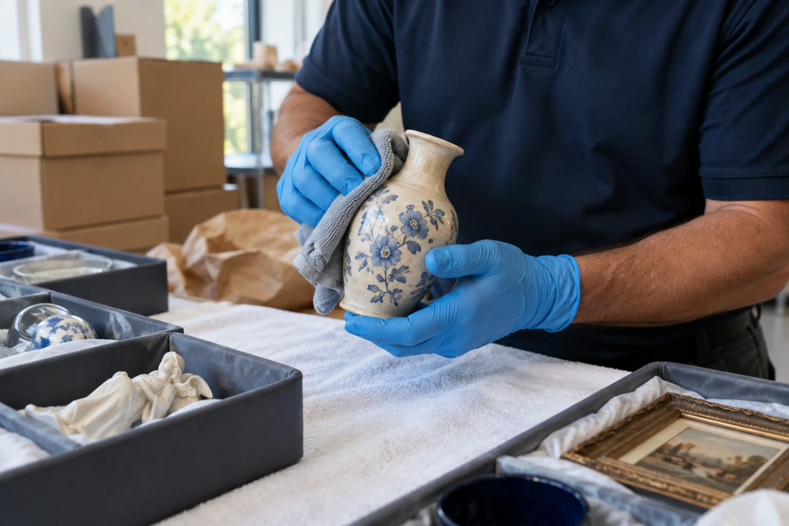 Gloved technician carefully cleaning a ceramic keepsake