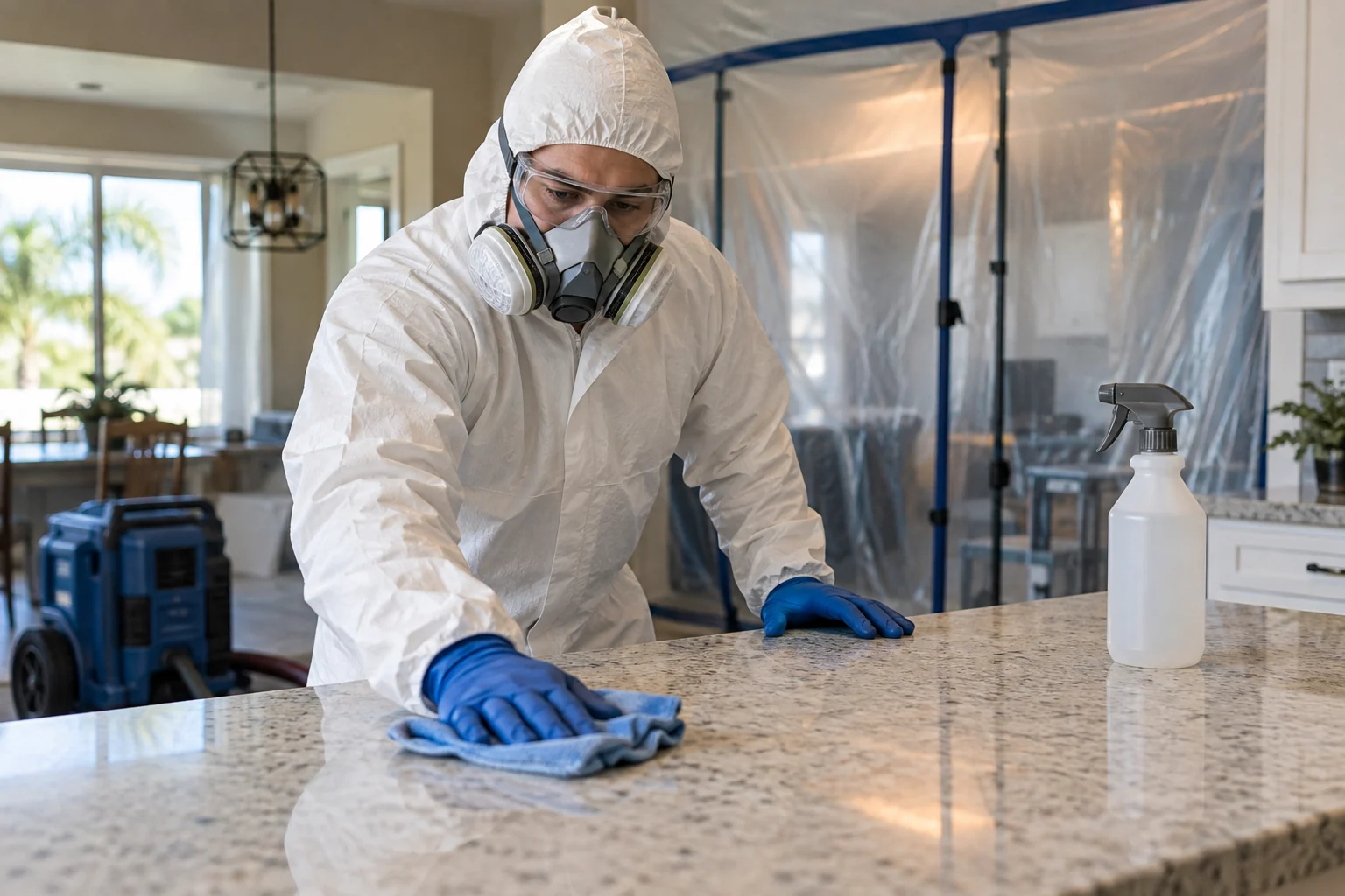 Protected technician sanitizing a countertop inside containment
