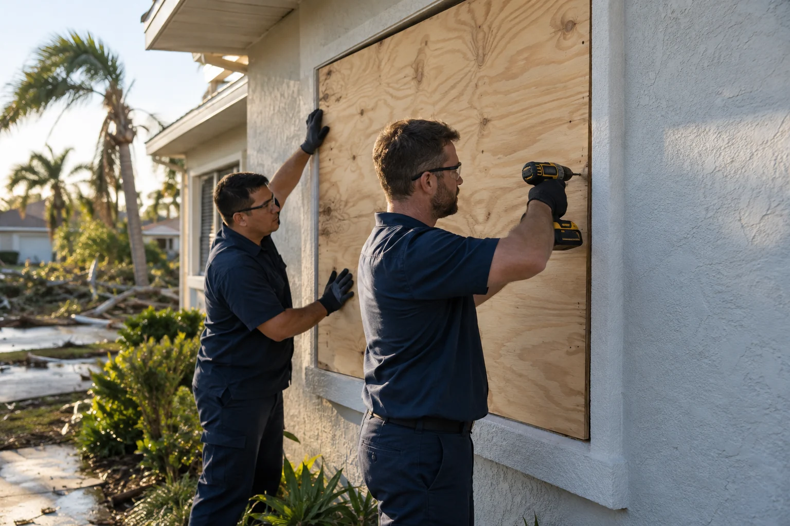 Workers securing plywood over a damaged window