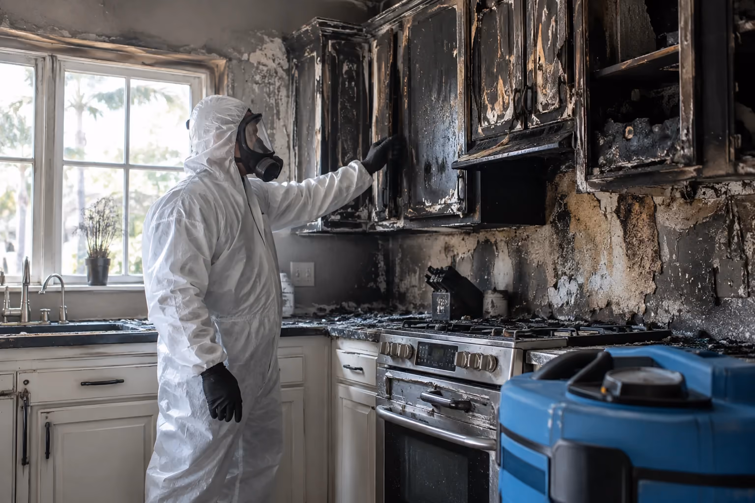 Illustration: protected worker inspecting a fire-damaged kitchen