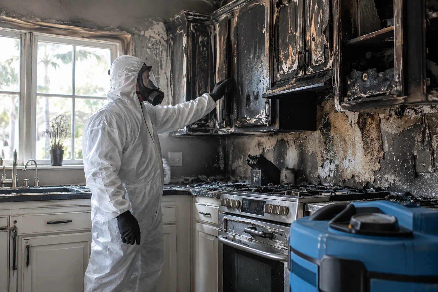 Restoration technician inspecting a fire-damaged kitchen