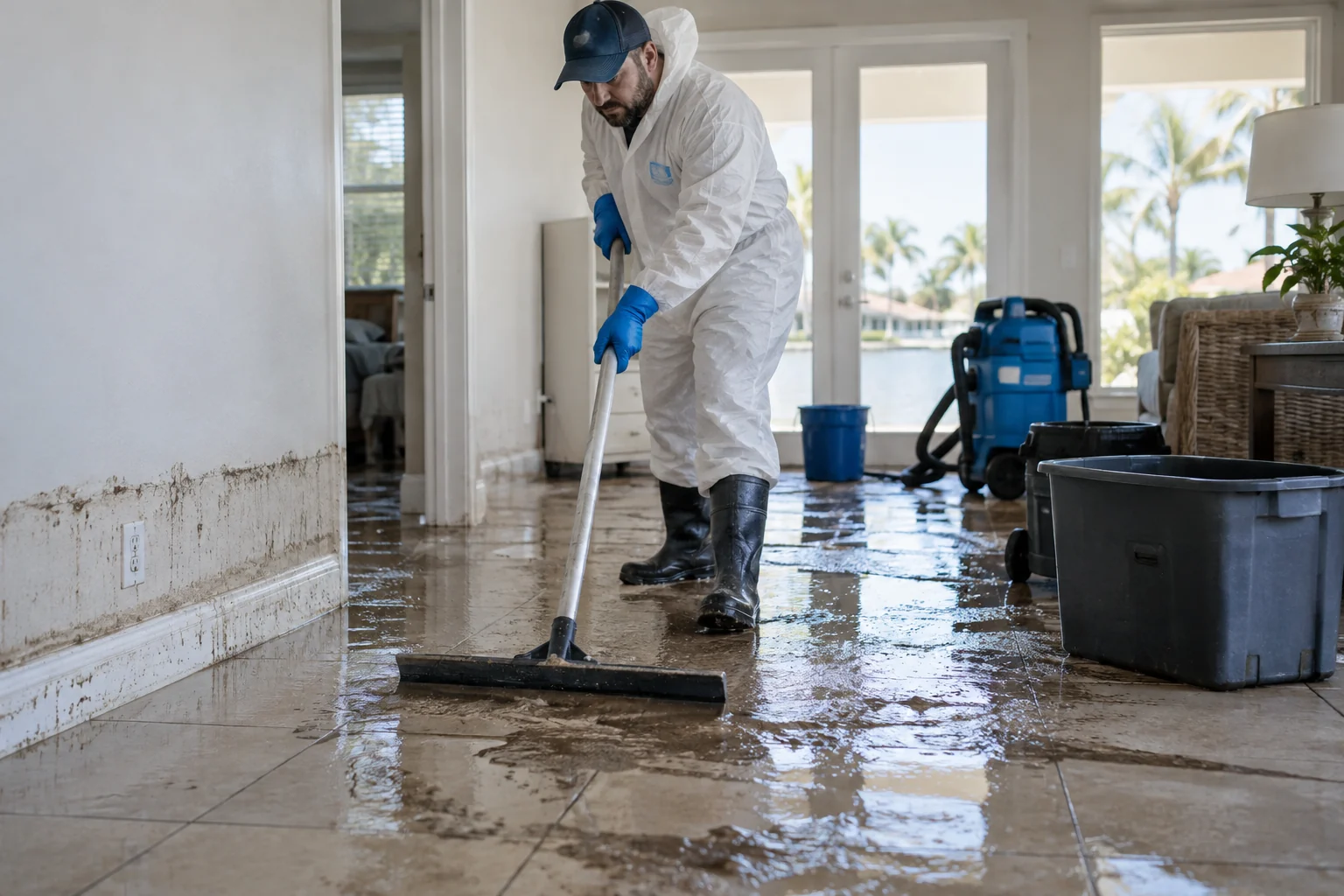 Technician clearing muddy floodwater from a tiled room