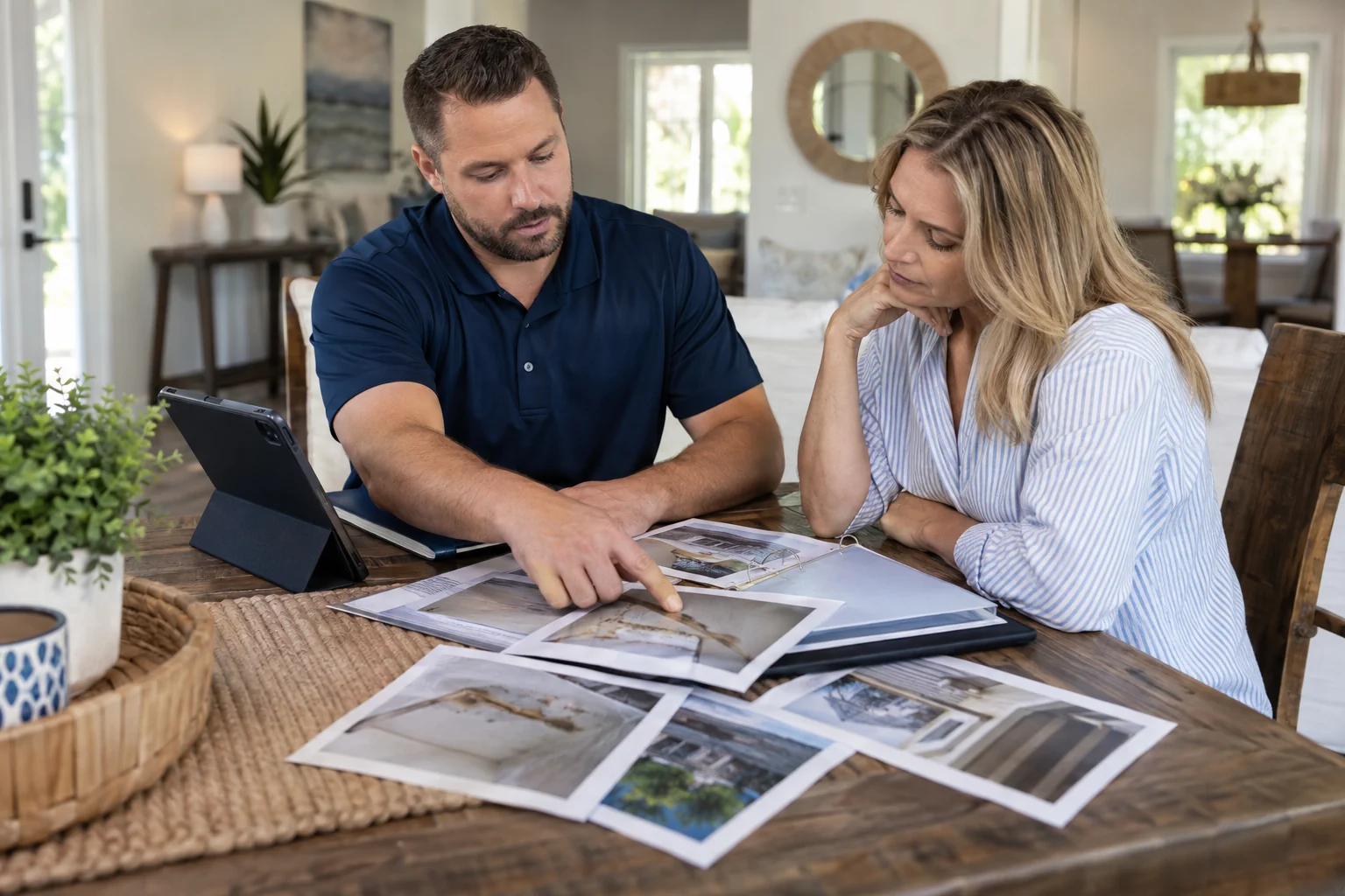 Homeowner and restoration coordinator reviewing damage photographs