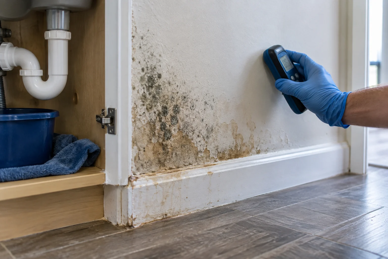 Moisture inspection beside mold growth after a cabinet leak