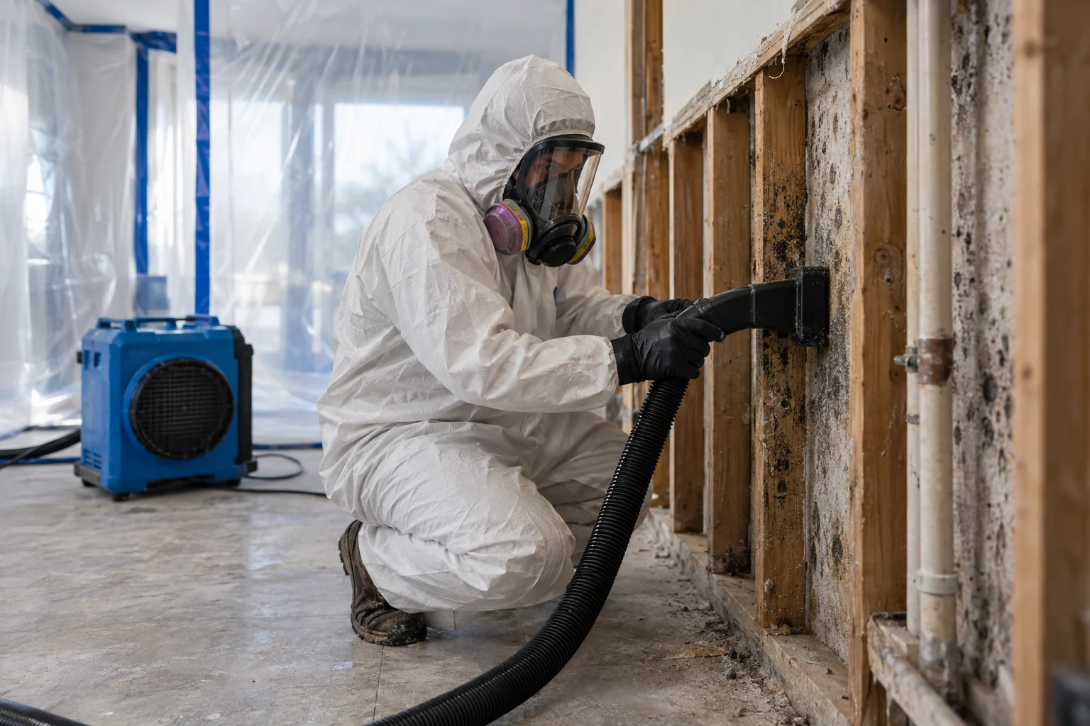 Protected technician cleaning affected framing inside containment