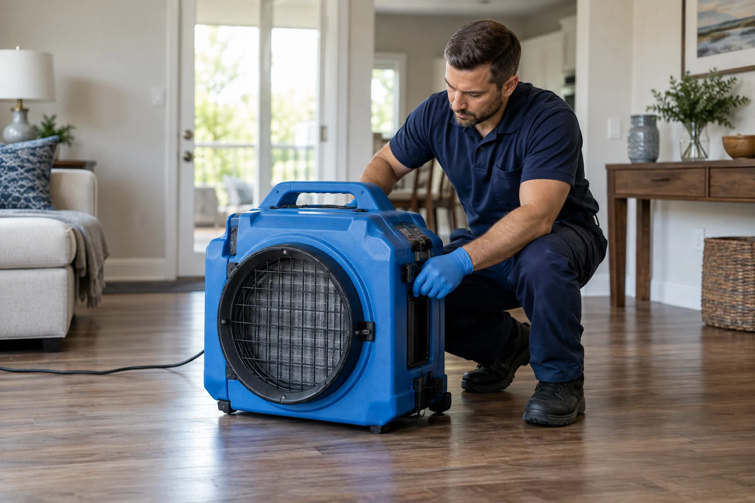Technician checking an air scrubber during odor cleanup