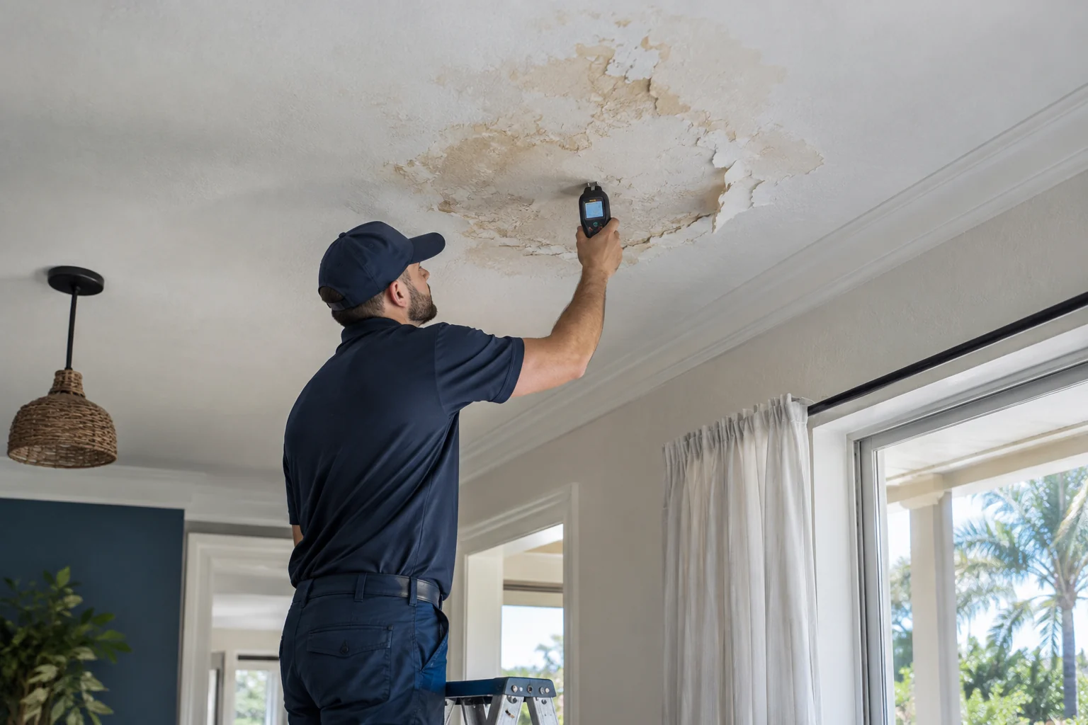 Technician checking a ceiling stained by a roof leak