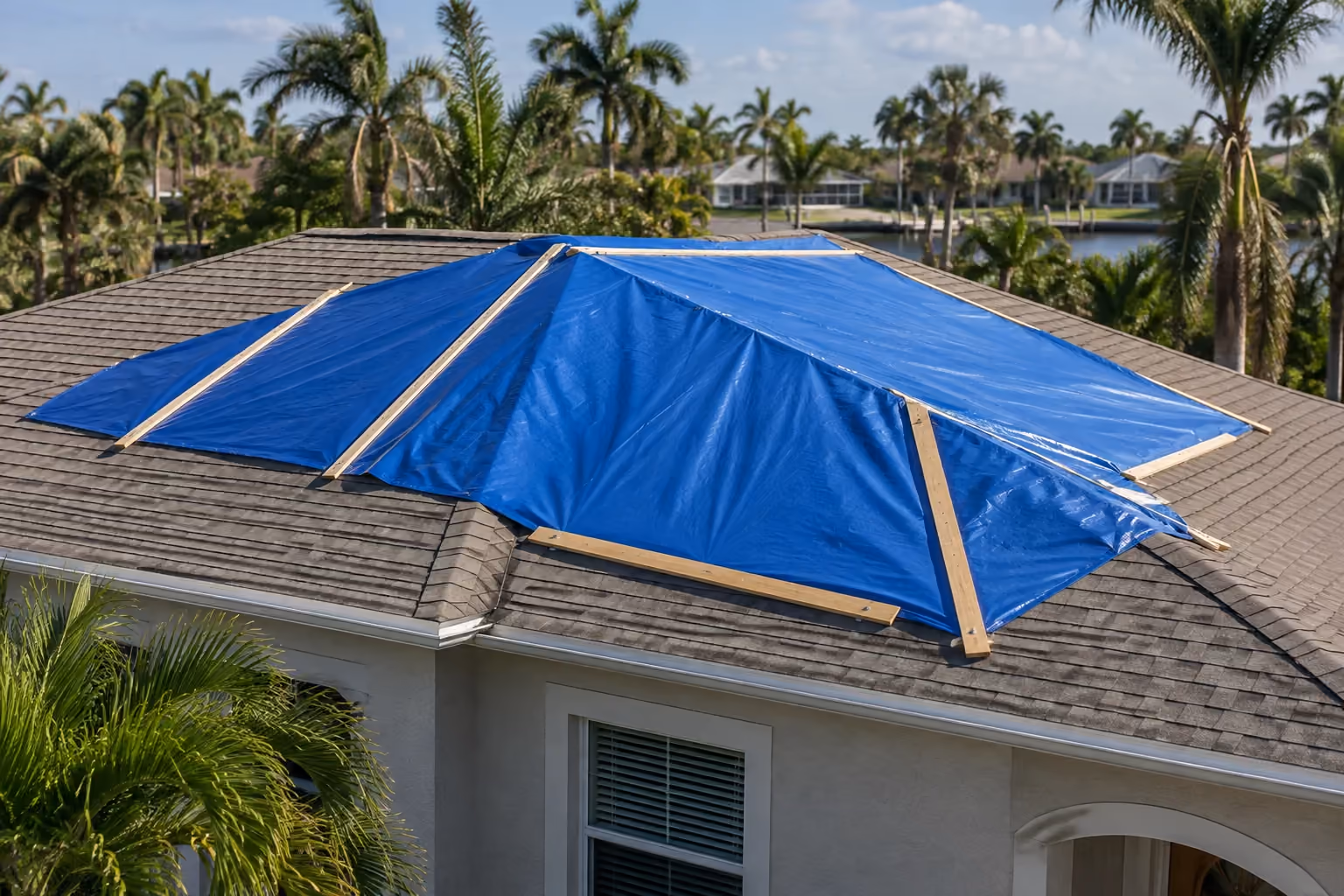 Illustration of a blue tarp secured over a damaged roof
