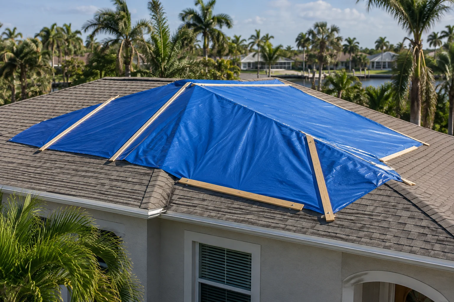 Blue emergency tarp secured over a Florida home roof