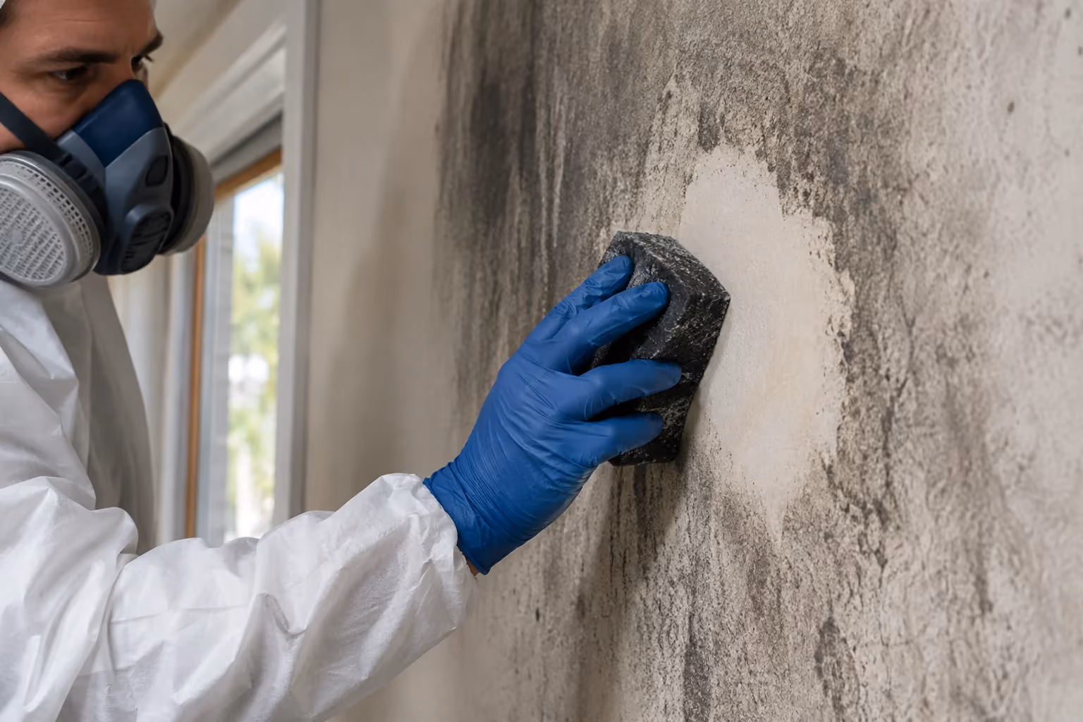 Illustration of a gloved worker cleaning soot from an interior wall