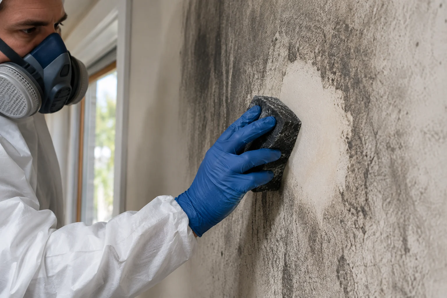 Gloved technician removing soot from an interior wall