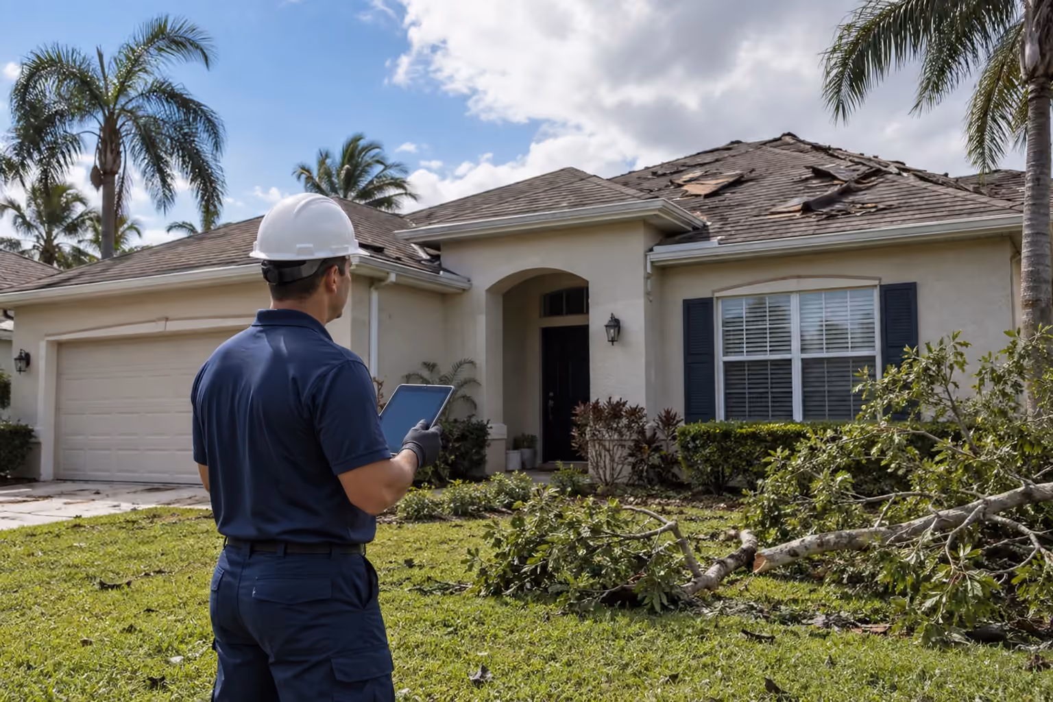 Illustration: technician assessing damaged roofing and fallen limbs