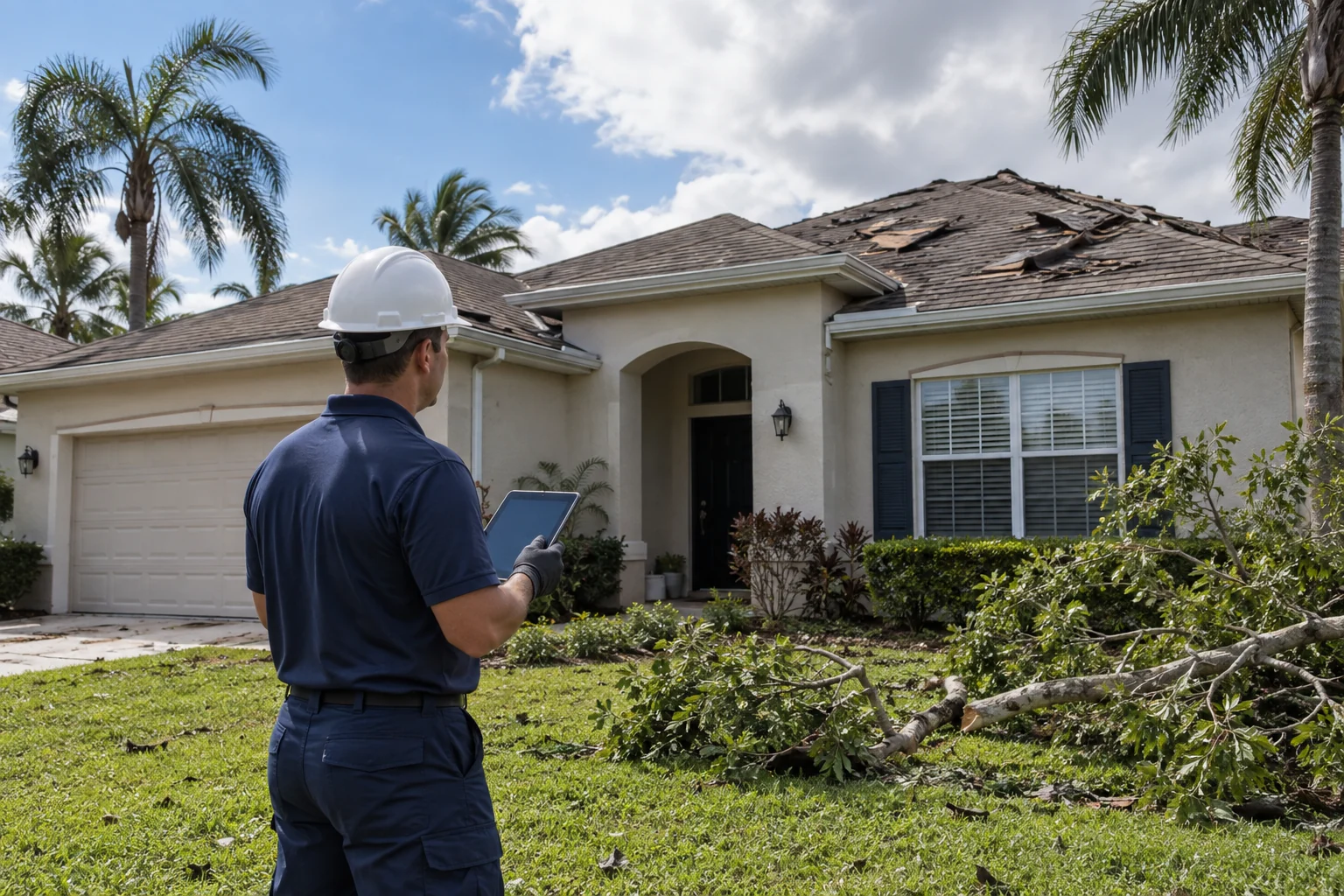 Technician assessing storm damage at a Florida home