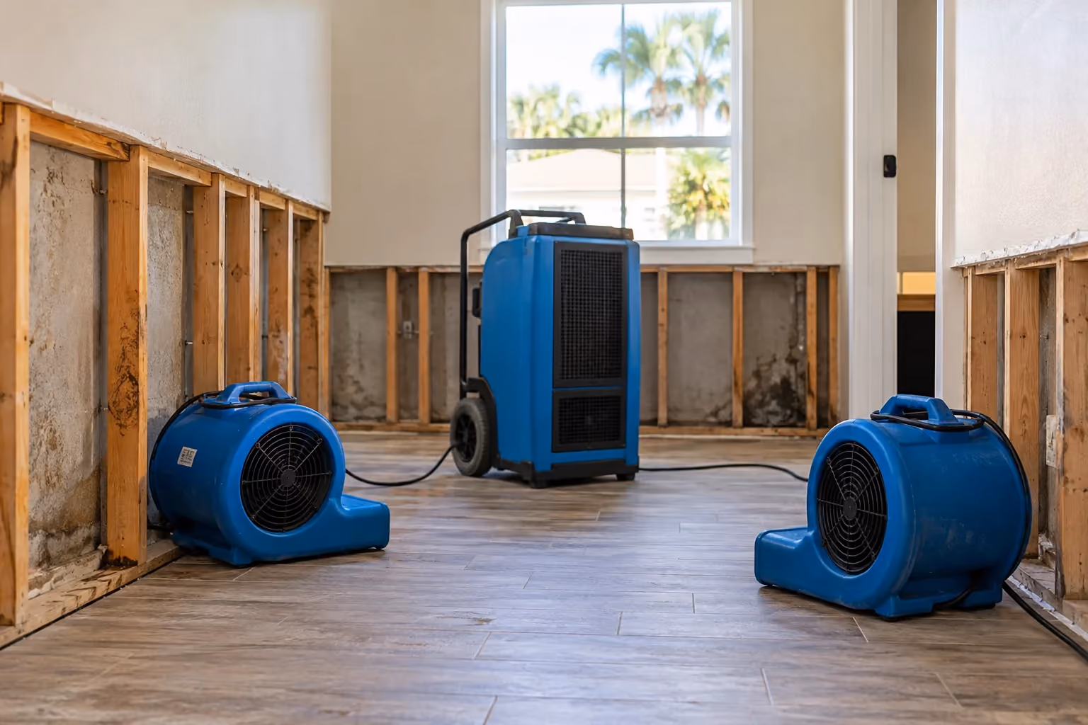 Illustration: air movers and dehumidifier beside open wall cavities
