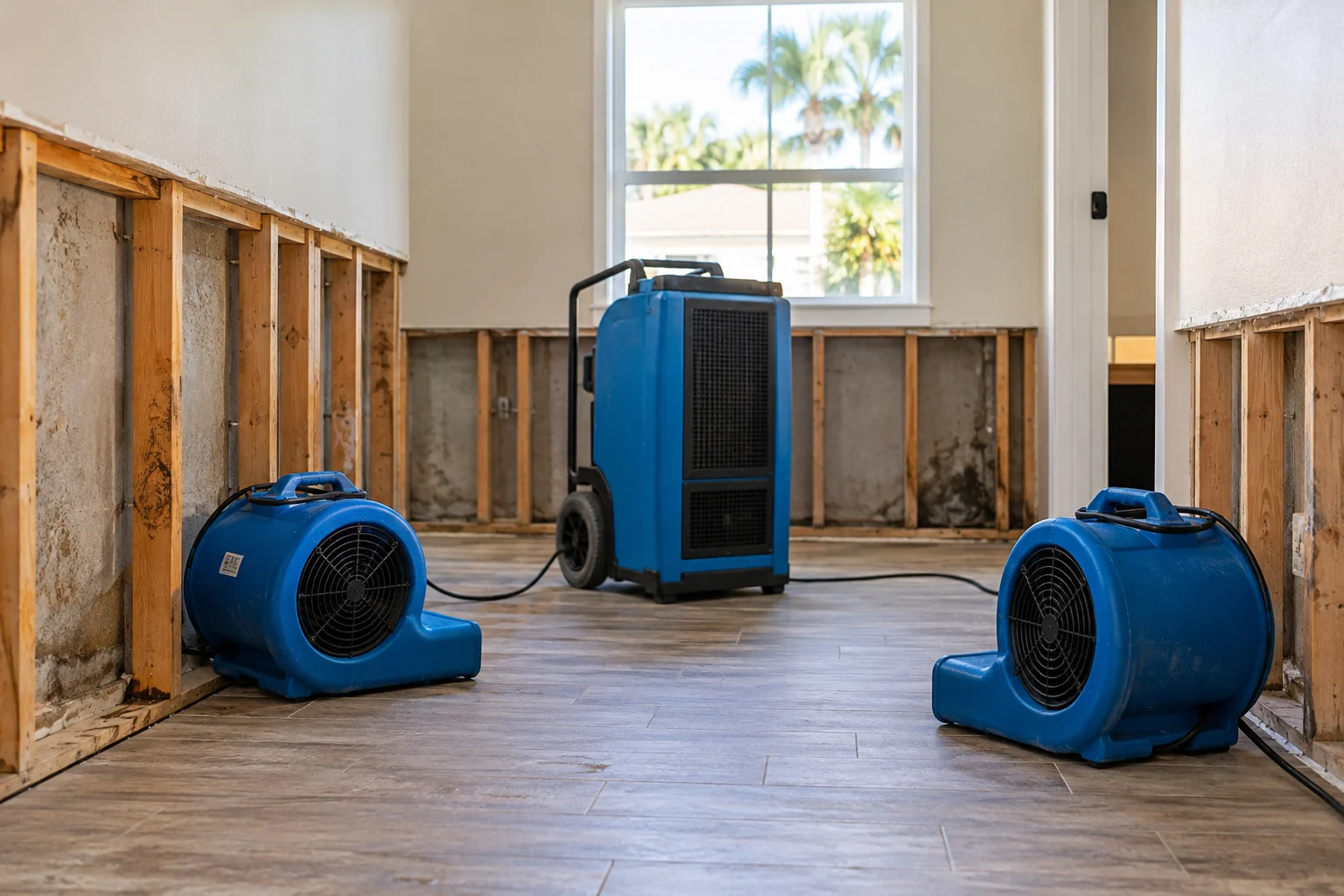 Air movers and a dehumidifier drying exposed wall cavities