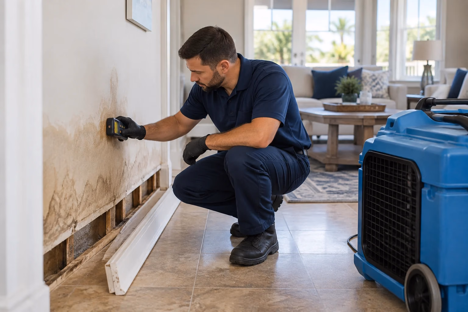 Illustration: technician measuring moisture in a water-damaged wall