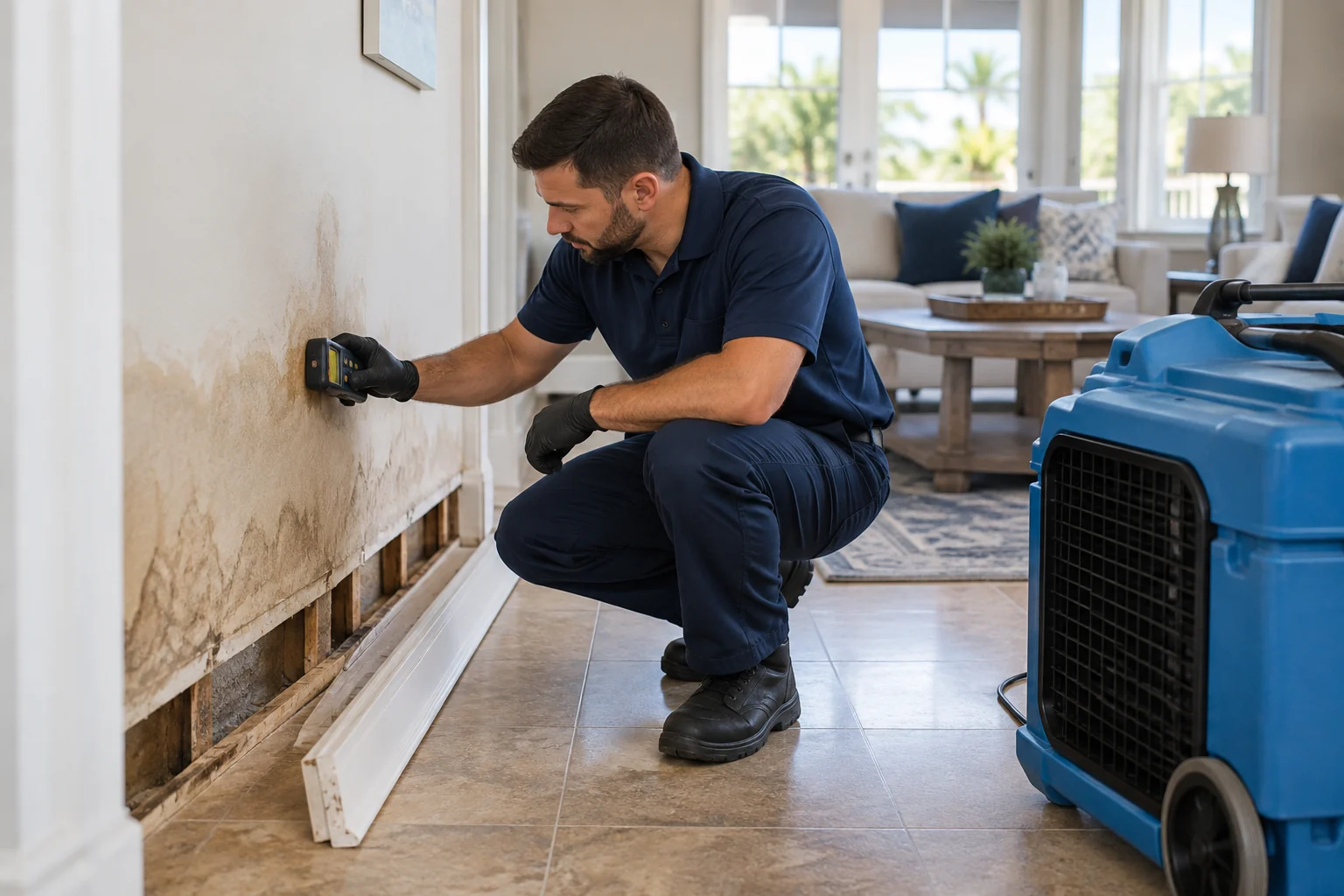 Technician checking moisture in a water-damaged wall