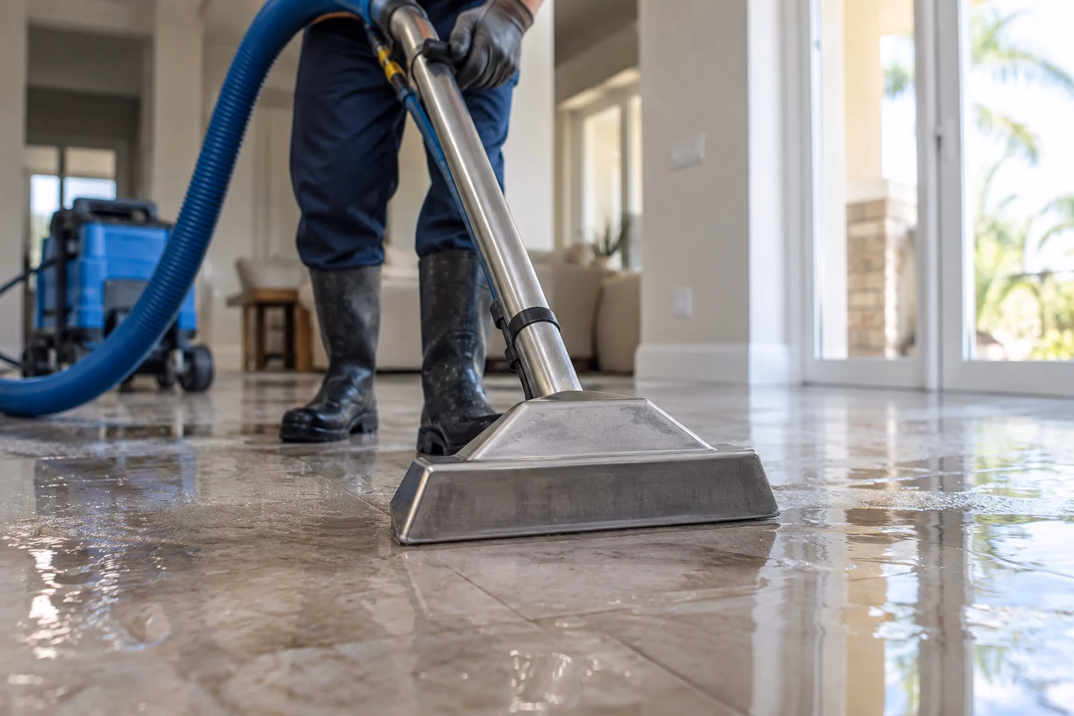 Illustration of an extraction wand removing water from a tile floor