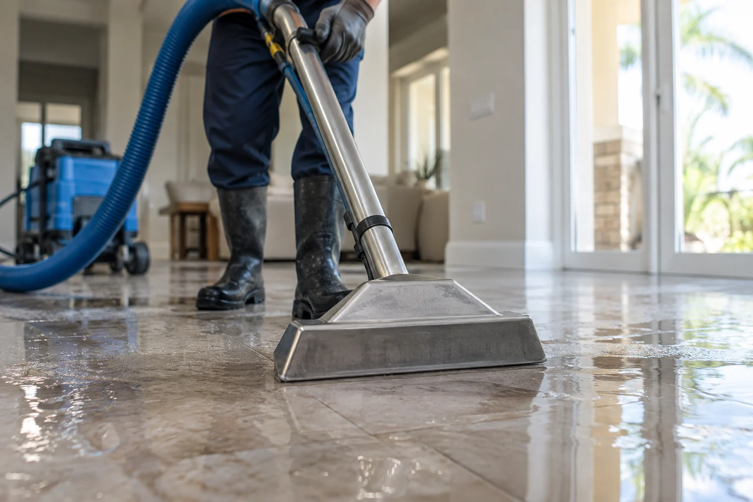 Water extraction wand removing standing water from tile