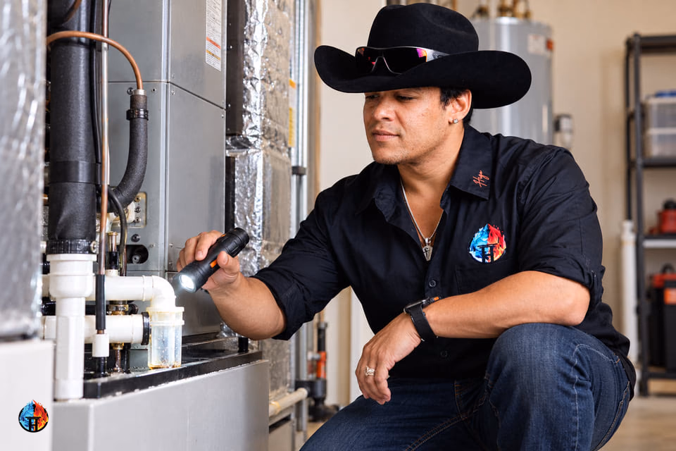 AI-generated illustration of a restoration professional inspecting an indoor air-conditioning unit.